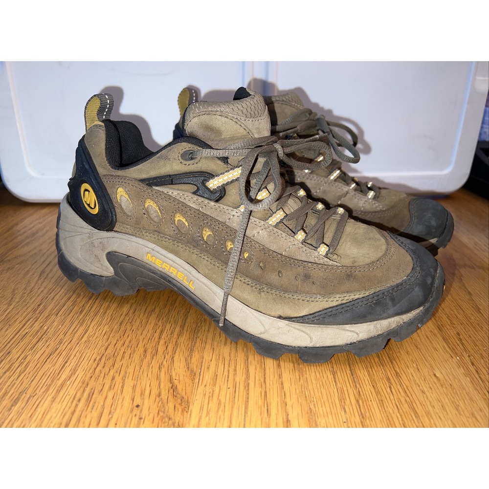 Womens sz‎ 8.5 Merrell Pulse Moab Smoke Tan Leather Hiking Trail Shoes Low Boots - Picture 2 of 8